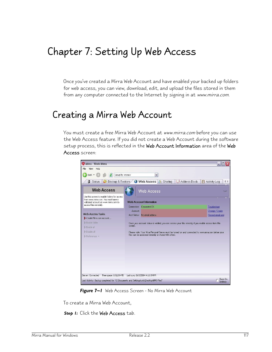 Chapter 7: setting up web access, Creating a mirra web account | Seagate Server User Manual | Page 125 / 149