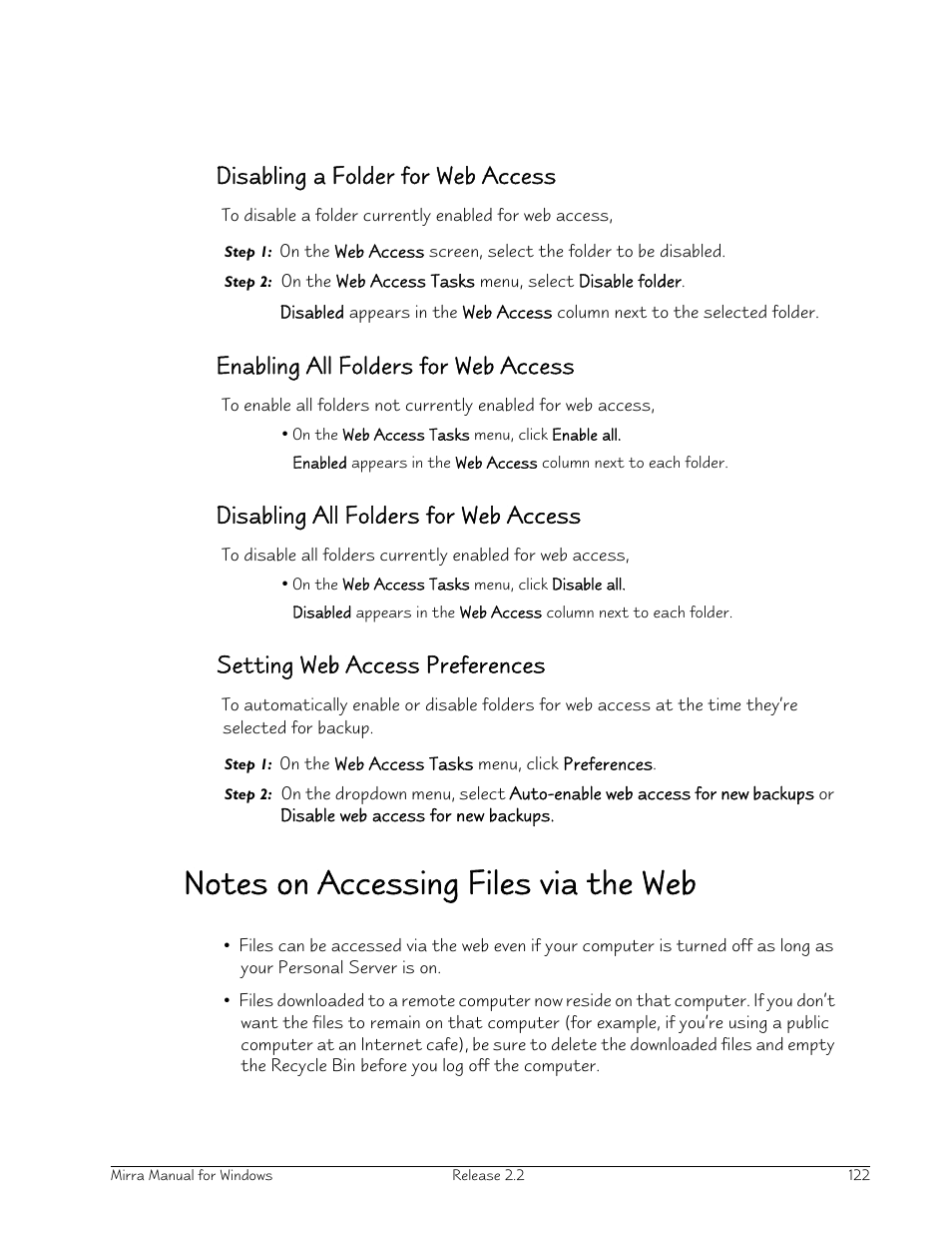 Disabling a folder for web access, Enabling all folders for web access, Disabling all folders for web access | Setting web access preferences, Notes on accessing files via the web | Seagate Server User Manual | Page 130 / 149