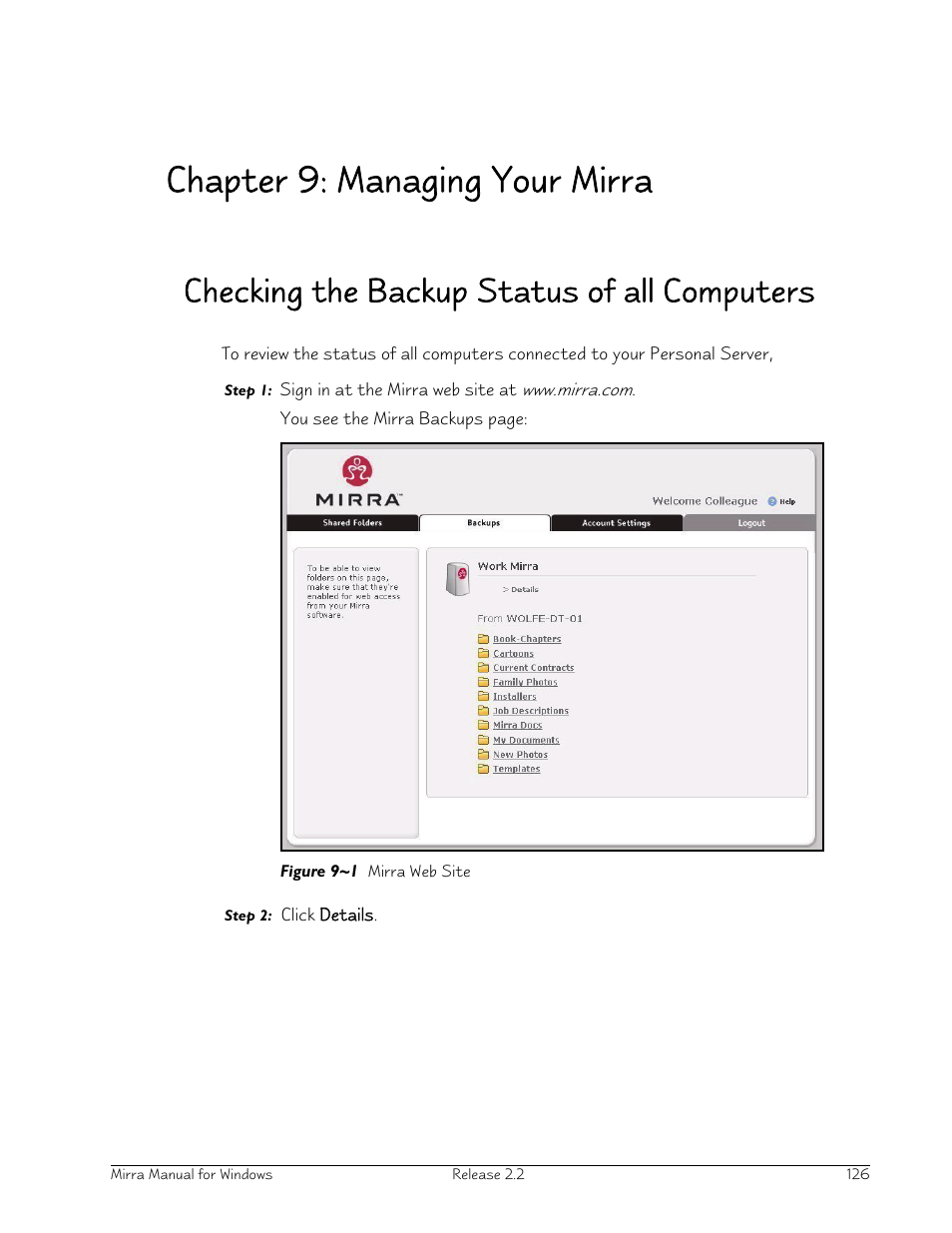 Chapter 9: managing your mirra, Checking the backup status of all computers | Seagate Server User Manual | Page 134 / 149