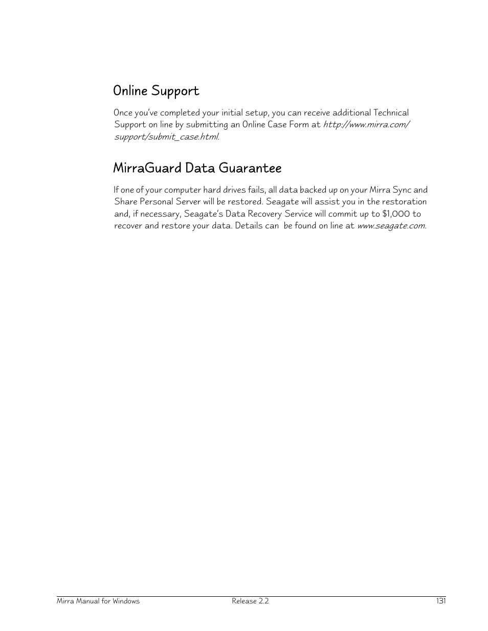 Online support, Mirraguard data guarantee | Seagate Server User Manual | Page 139 / 149