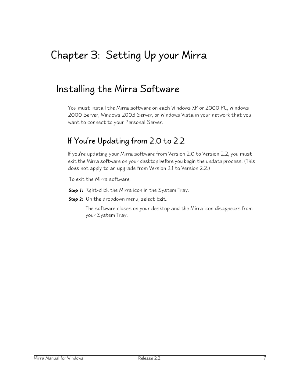 Chapter 3: setting up your mirra, Installing the mirra software, If you’re updating from 2.0 to 2.2 | Seagate Server User Manual | Page 15 / 149