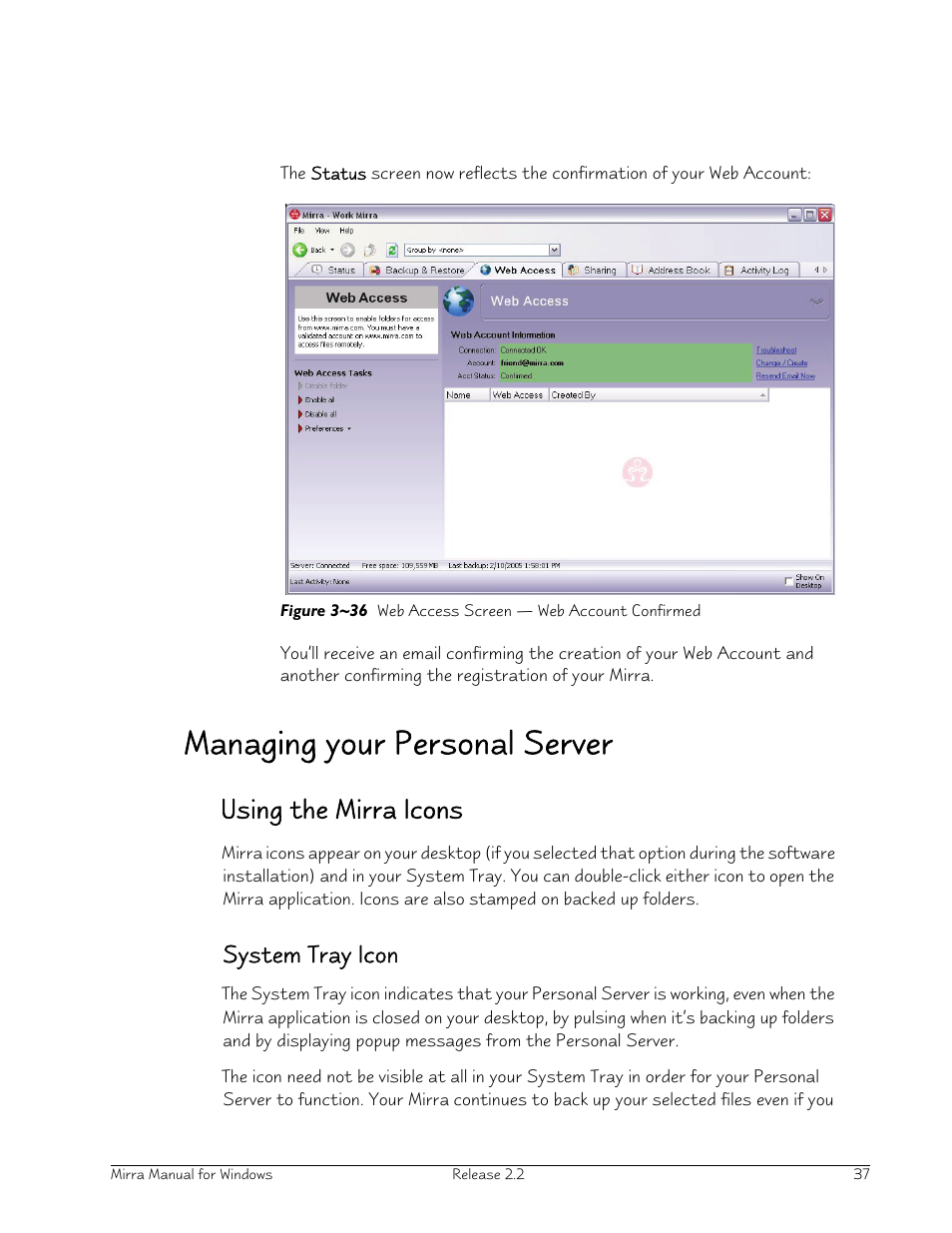 Managing your personal server, Using the mirra icons, System tray icon | Seagate Server User Manual | Page 45 / 149