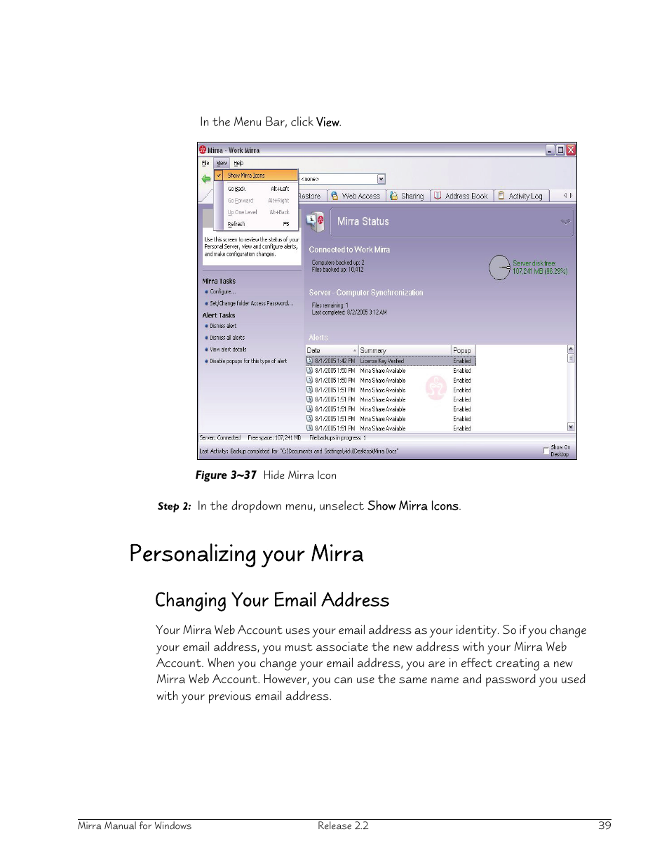 Personalizing your mirra, Changing your email address | Seagate Server User Manual | Page 47 / 149