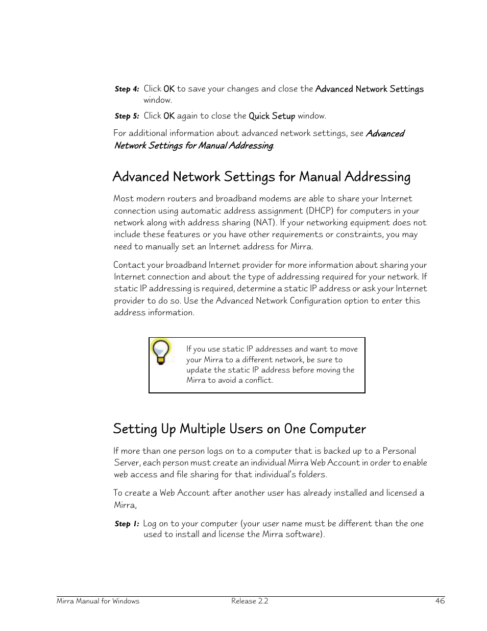 Advanced network settings for manual addressing, Setting up multiple users on one computer | Seagate Server User Manual | Page 54 / 149