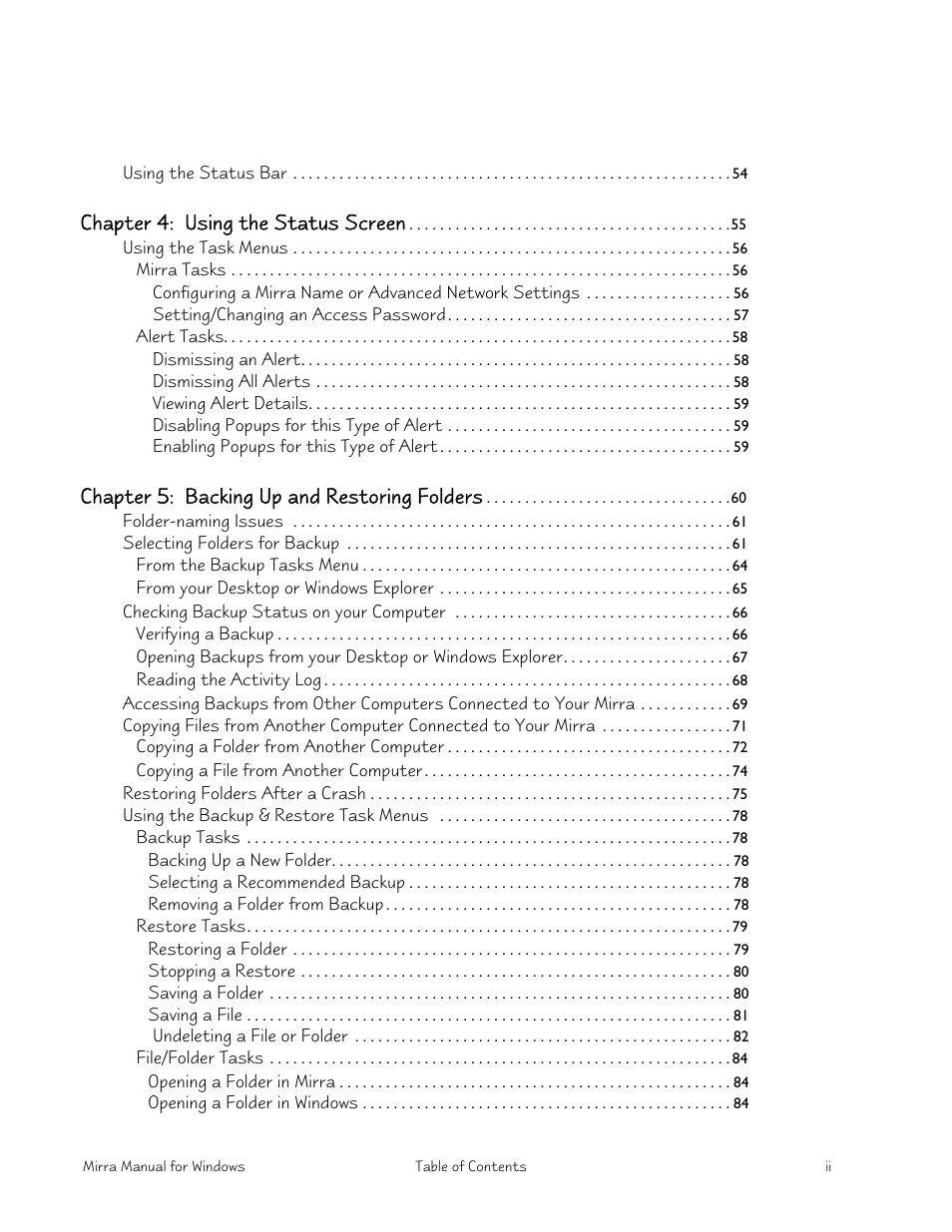 Chapter 4: using the status screen, Chapter 5: backing up and restoring folders | Seagate Server User Manual | Page 6 / 149