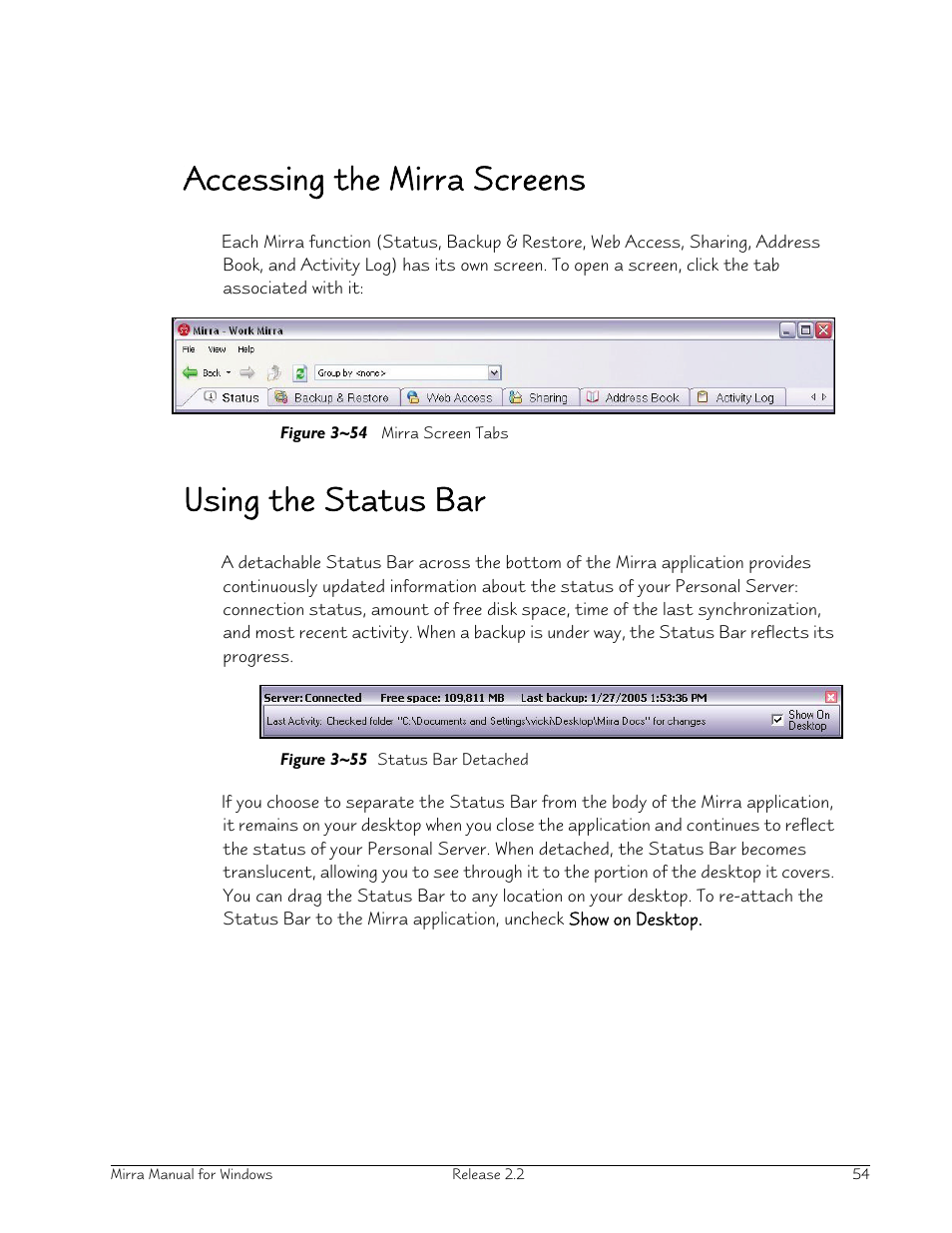 Accessing the mirra screens, Using the status bar | Seagate Server User Manual | Page 62 / 149