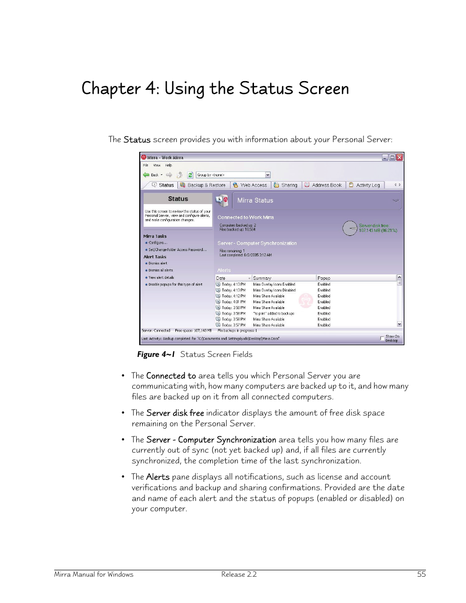 Chapter 4: using the status screen | Seagate Server User Manual | Page 63 / 149