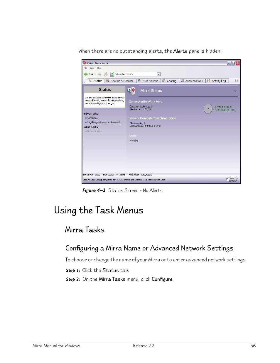 Using the task menus, Mirra tasks | Seagate Server User Manual | Page 64 / 149