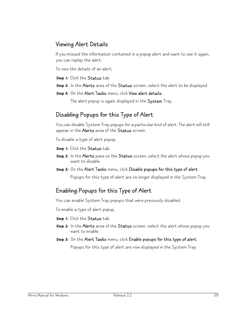 Viewing alert details, Disabling popups for this type of alert, Enabling popups for this type of alert | Seagate Server User Manual | Page 67 / 149