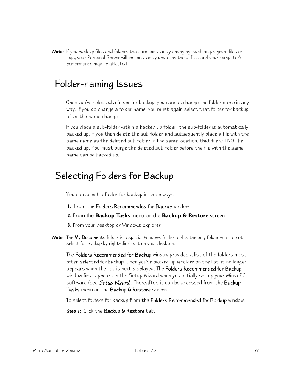 Folder-naming issues, Selecting folders for backup | Seagate Server User Manual | Page 69 / 149