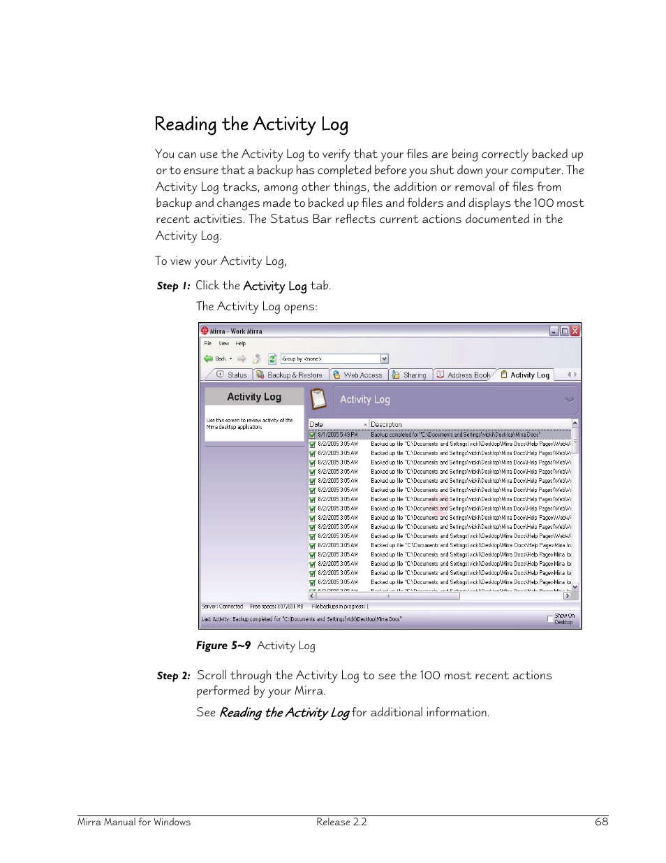 Reading the activity log | Seagate Server User Manual | Page 76 / 149