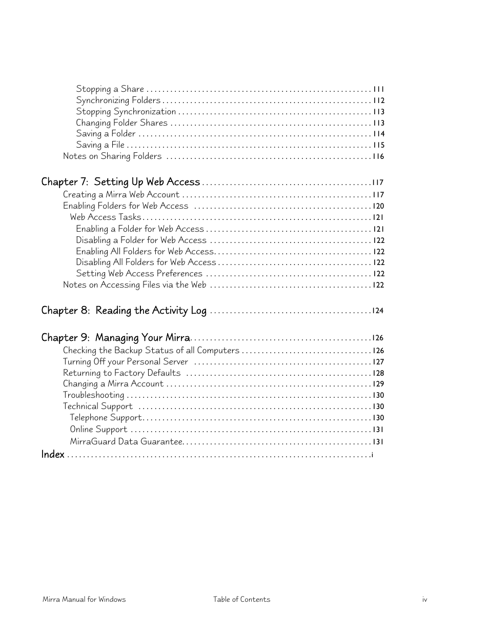 Chapter 7: setting up web access, Chapter 8: reading the activity log, Chapter 9: managing your mirra | Index | Seagate Server User Manual | Page 8 / 149