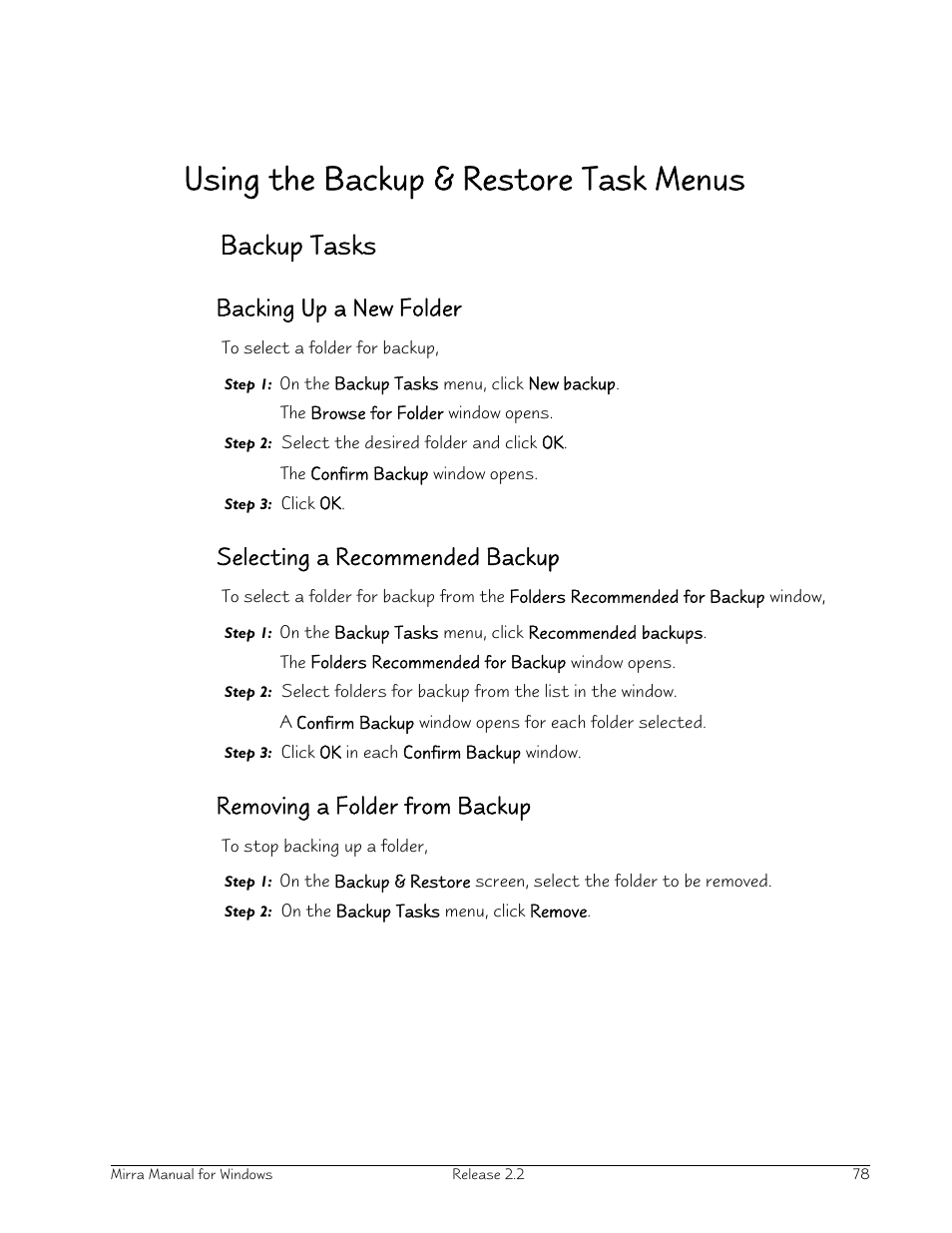Using the backup & restore task menus, Backup tasks, Backing up a new folder | Selecting a recommended backup, Removing a folder from backup | Seagate Server User Manual | Page 86 / 149