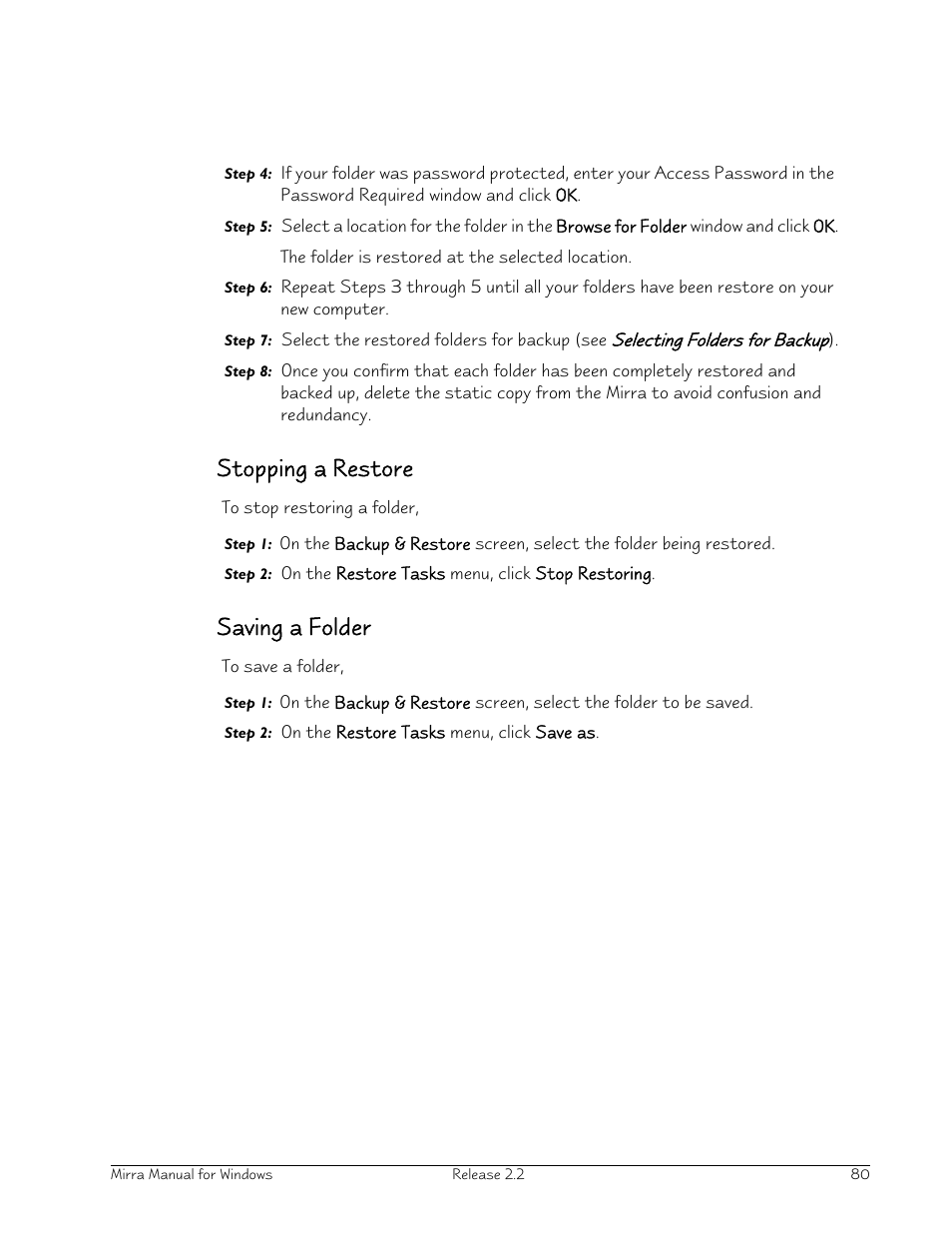 Stopping a restore, Saving a folder | Seagate Server User Manual | Page 88 / 149