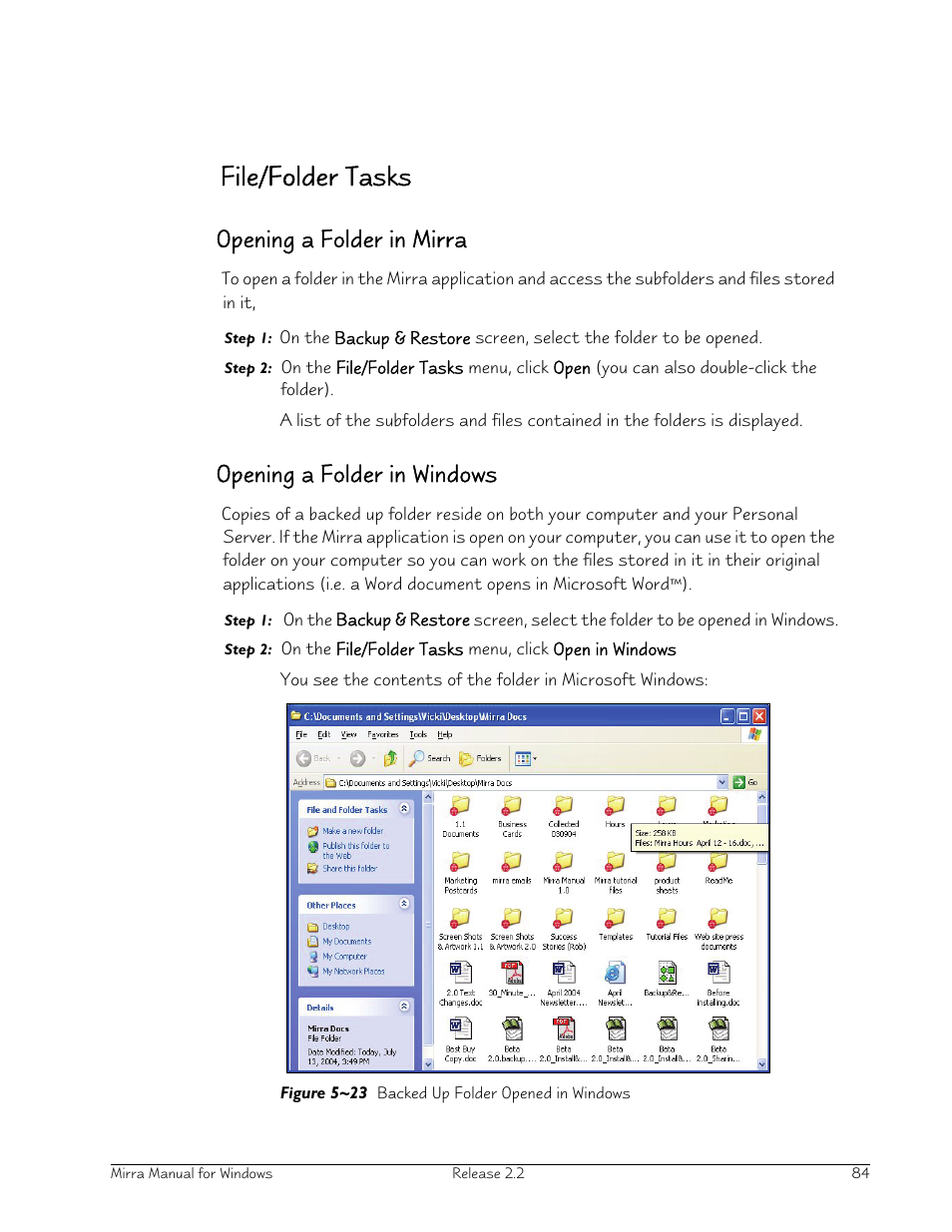 File/folder tasks, Opening a folder in mirra, Opening a folder in windows | Seagate Server User Manual | Page 92 / 149