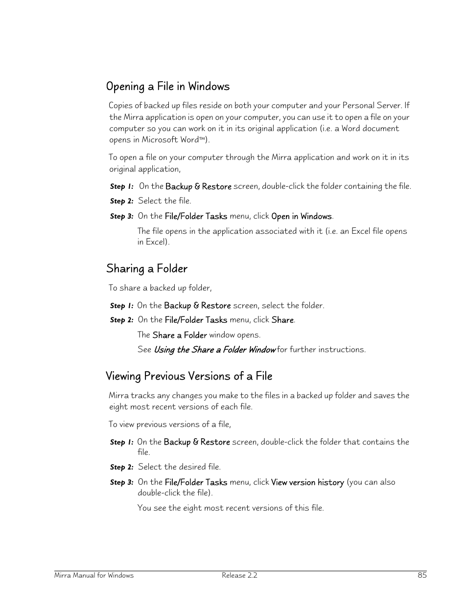 Opening a file in windows, Sharing a folder, Viewing previous versions of a file | Seagate Server User Manual | Page 93 / 149