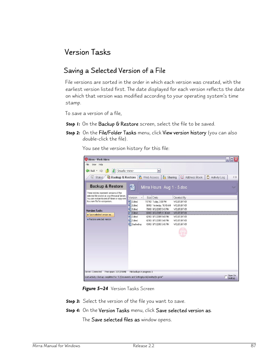 Version tasks, Saving a selected version of a file | Seagate Server User Manual | Page 95 / 149