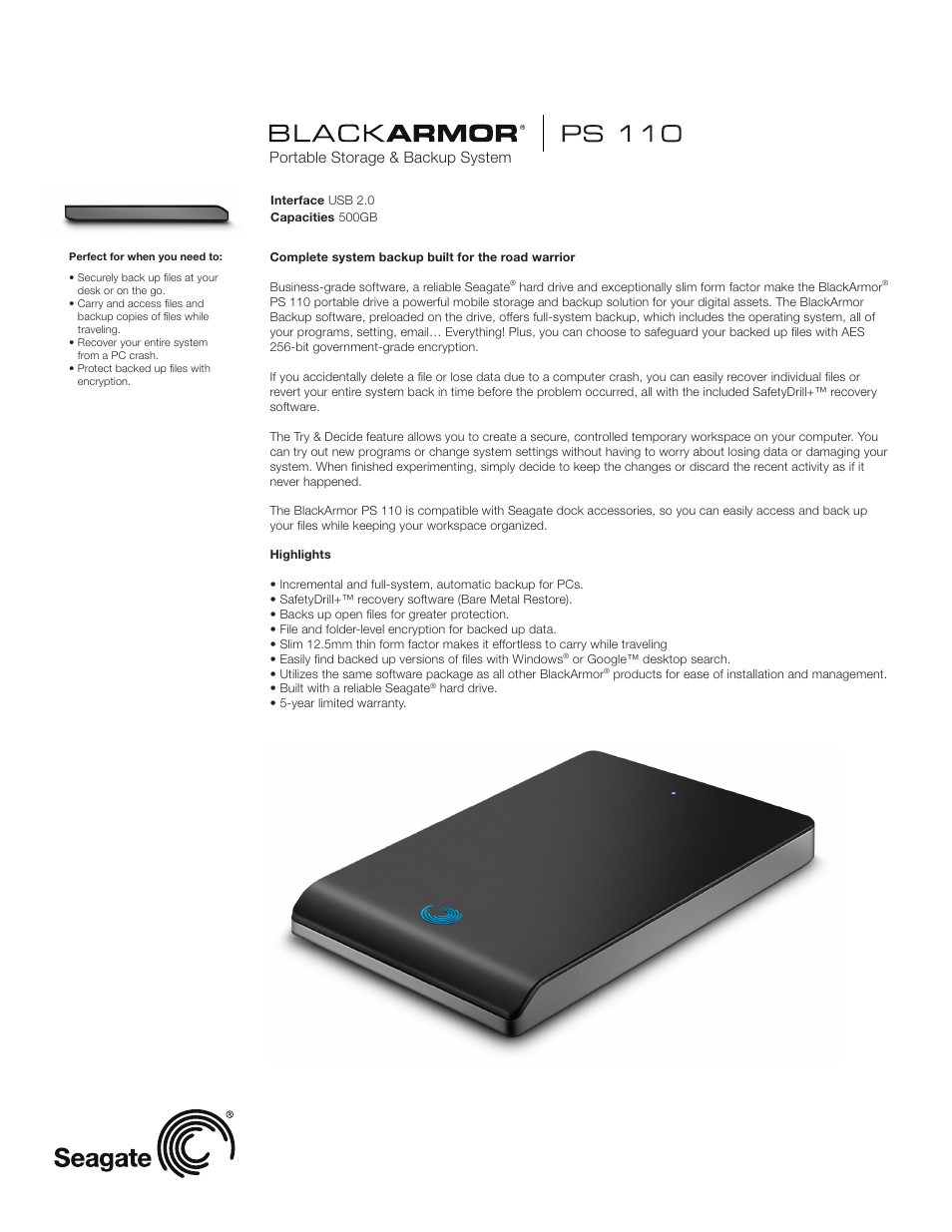Seagate BlackArmor PS 110 User Manual | 2 pages