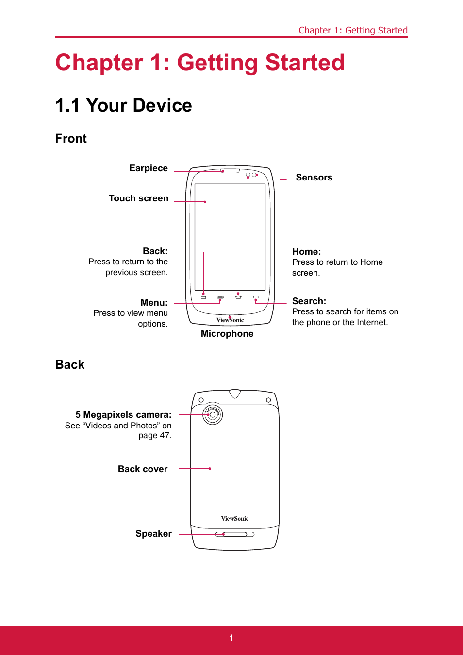 Chapter 1: getting started, 1 your device, Front | Back, Front back | ShelterLogic ViewPhone 3 VS14032 User Manual | Page 15 / 98