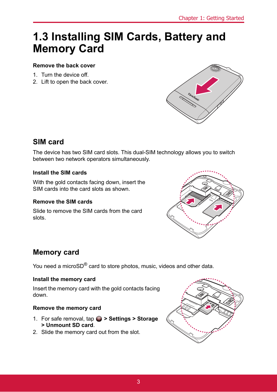 3 installing sim cards, battery and memory card, Turn the device off, Lift to open the back cover | Sim card, Slide to remove the sim cards from the card slots, Memory card, Slide the memory card out from the slot | ShelterLogic ViewPhone 3 VS14032 User Manual | Page 17 / 98