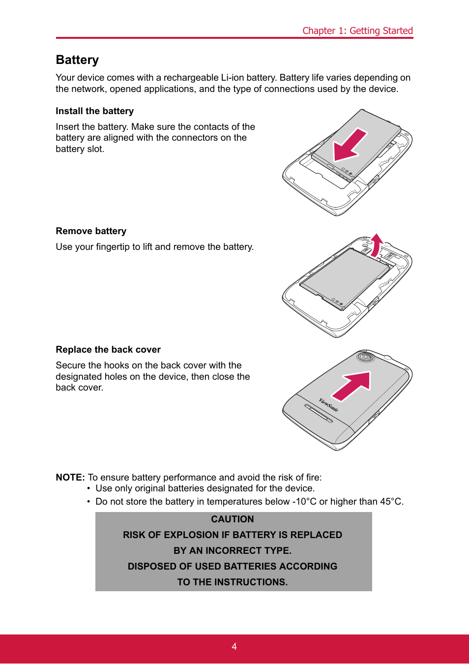 Battery, Use your fingertip to lift and remove the battery, Caution | Risk of explosion if battery is replaced, By an incorrect type, Disposed of used batteries according, To the instructions | ShelterLogic ViewPhone 3 VS14032 User Manual | Page 18 / 98