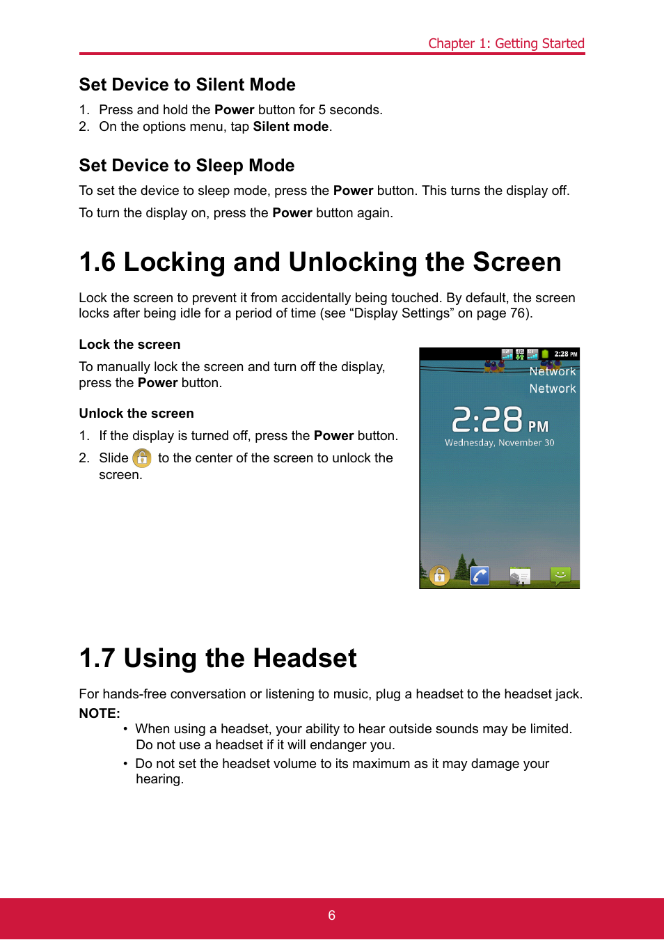 Set device to silent mode, Press and hold the power button for 5 seconds, On the options menu, tap silent mode | Set device to sleep mode, 6 locking and unlocking the screen, 7 using the headset | ShelterLogic ViewPhone 3 VS14032 User Manual | Page 20 / 98