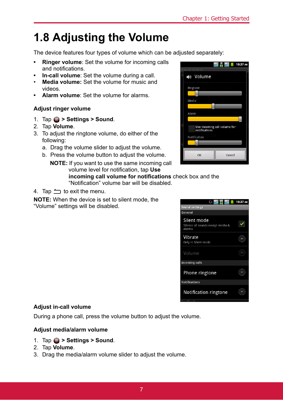 8 adjusting the volume, Tap > settings > sound, Tap volume | Tap to exit the menu | ShelterLogic ViewPhone 3 VS14032 User Manual | Page 21 / 98