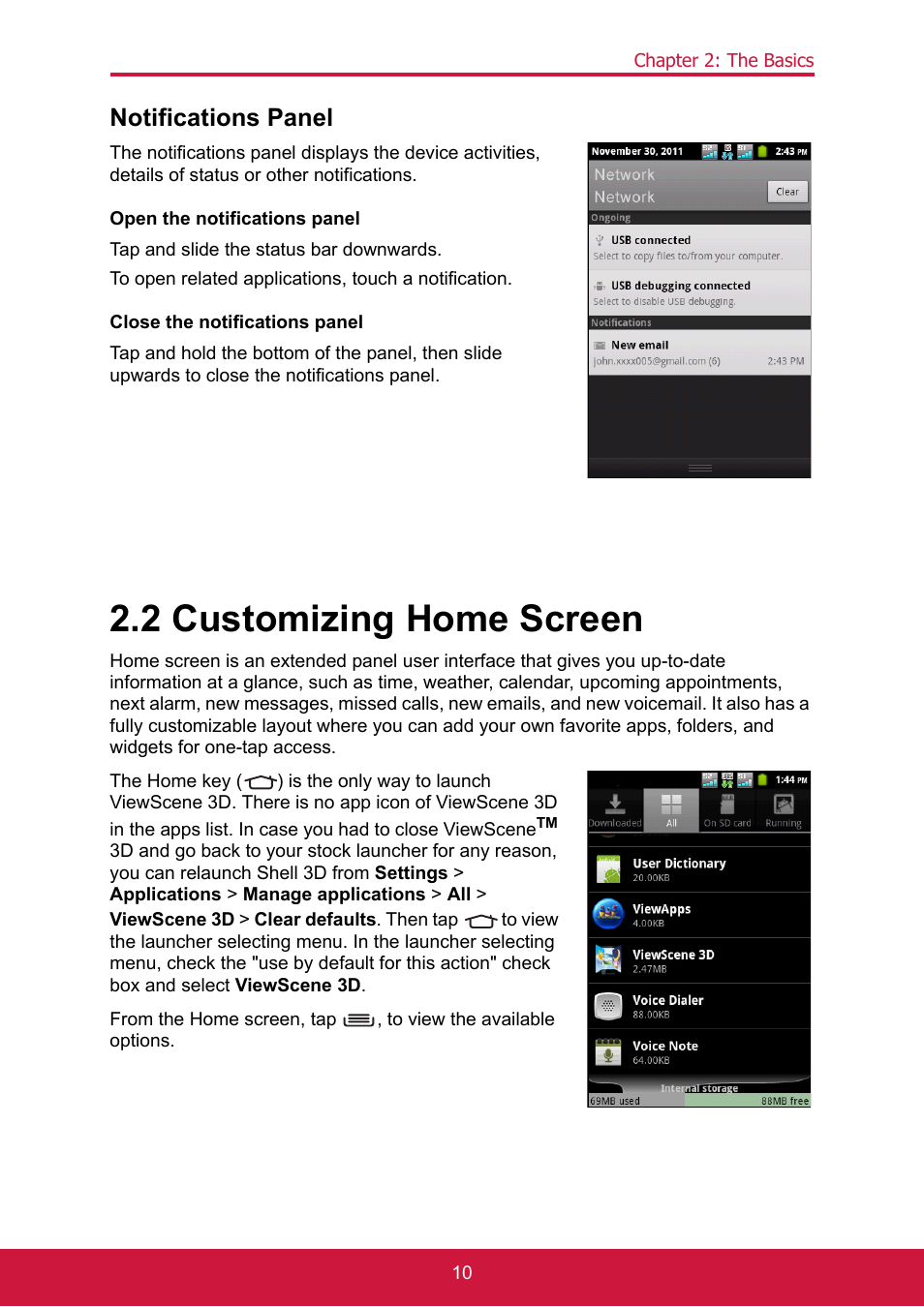 Notifications panel, Tap and slide the status bar downwards, To open related applications, touch a notification | 2 customizing home screen | ShelterLogic ViewPhone 3 VS14032 User Manual | Page 25 / 98