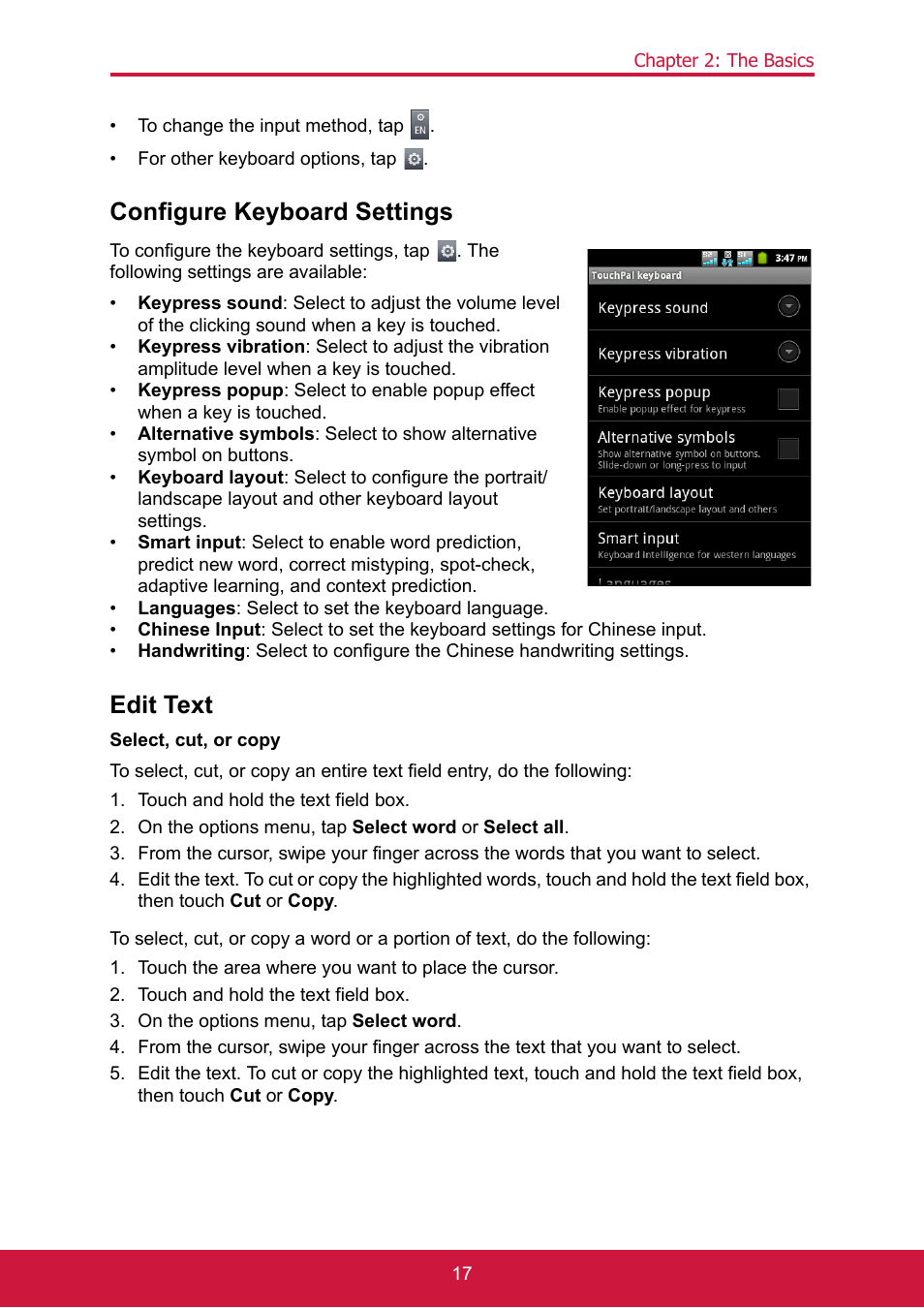 Configure keyboard settings, Edit text, Touch and hold the text field box | On the options menu, tap select word or select all, Touch the area where you want to place the cursor, On the options menu, tap select word | ShelterLogic ViewPhone 3 VS14032 User Manual | Page 32 / 98