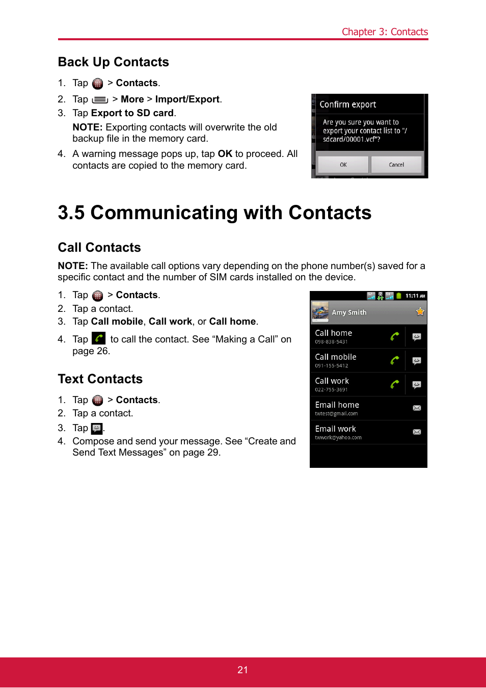Back up contacts, Tap > contacts, Tap > more > import/export | Tap export to sd card, 5 communicating with contacts, Call contacts, Tap a contact, Tap call mobile, call work, or call home, Text contacts | ShelterLogic ViewPhone 3 VS14032 User Manual | Page 36 / 98