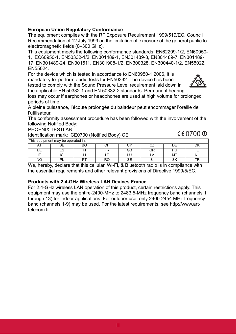 Phoenix testlab, Identification mark: ce0700 (notified body) ce | ShelterLogic ViewPhone 3 VS14032 User Manual | Page 4 / 98