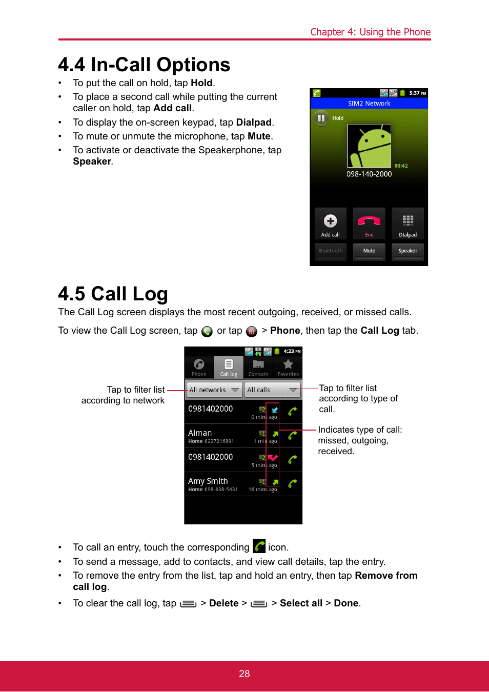 4 in-call options, 5 call log | ShelterLogic ViewPhone 3 VS14032 User Manual | Page 43 / 98