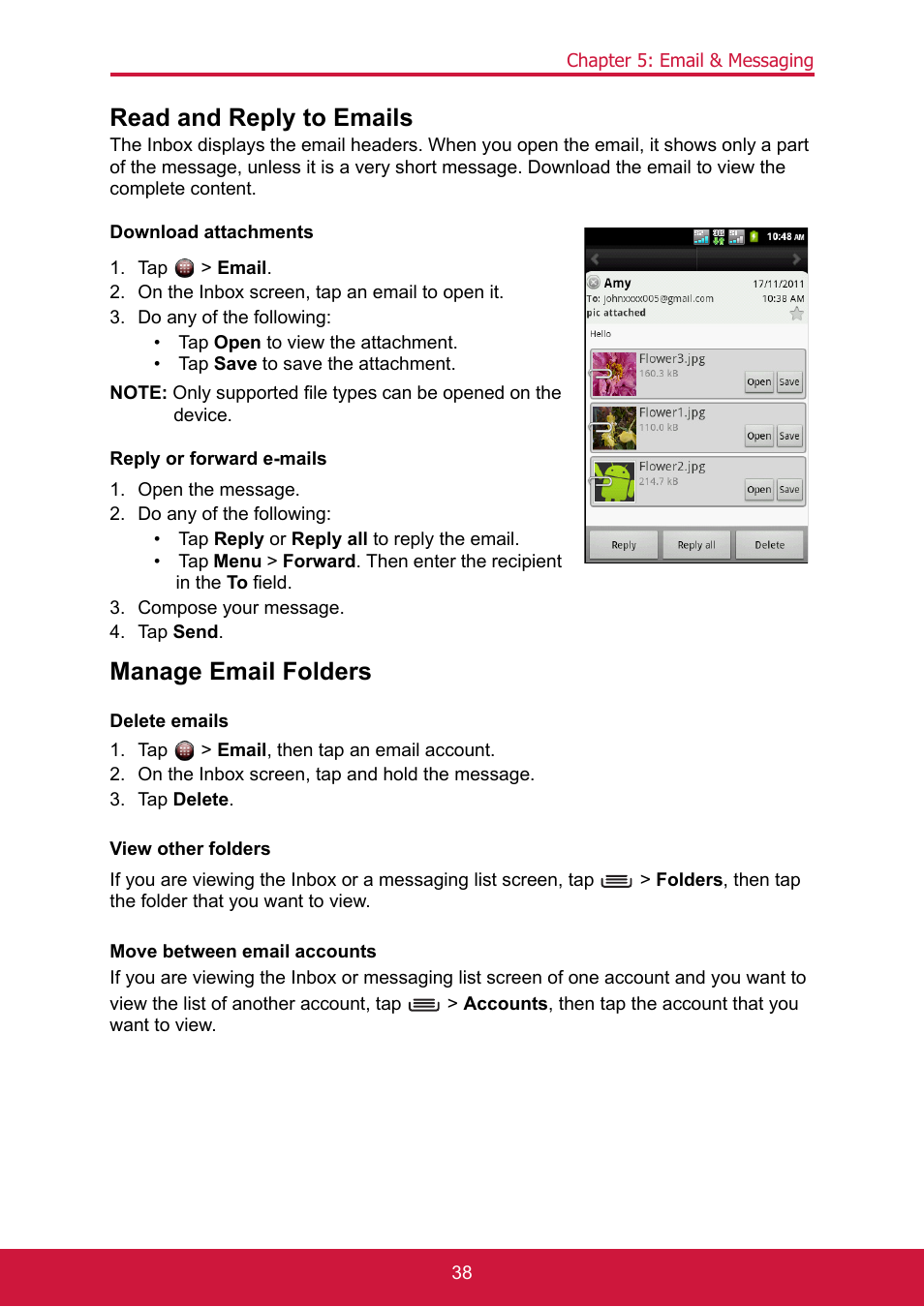 Read and reply to emails, Tap > email, On the inbox screen, tap an email to open it | Do any of the following, Open the message, Compose your message, Tap send, Manage email folders, Tap > email, then tap an email account, On the inbox screen, tap and hold the message | ShelterLogic ViewPhone 3 VS14032 User Manual | Page 53 / 98