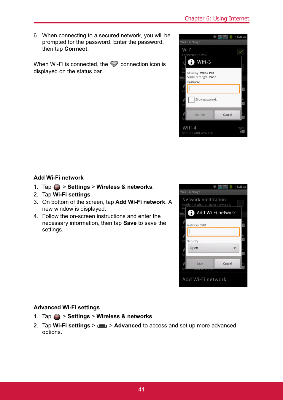 Tap > settings > wireless & networks, Tap wi-fi settings | ShelterLogic ViewPhone 3 VS14032 User Manual | Page 56 / 98