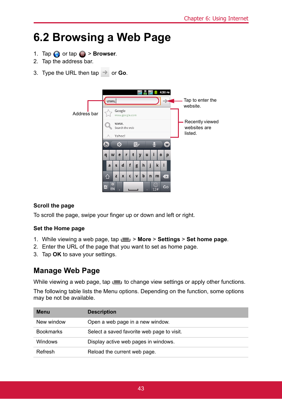 Tap or tap > browser, Tap the address bar, Type the url then tap or go | Tap ok to save your settings, 2 browsing a web page, Manage web page | ShelterLogic ViewPhone 3 VS14032 User Manual | Page 58 / 98