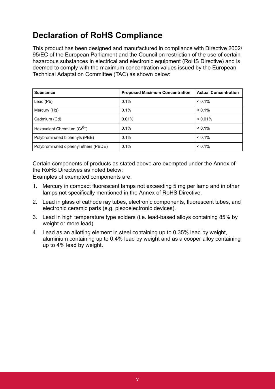 Declaration of rohs compliance, Examples of exempted components are | ShelterLogic ViewPhone 3 VS14032 User Manual | Page 6 / 98