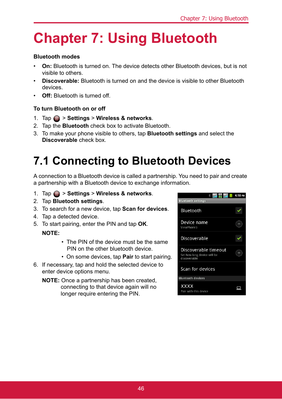 Chapter 7: using bluetooth, Tap > settings > wireless & networks, Tap the bluetooth check box to activate bluetooth | 1 connecting to bluetooth devices, Tap bluetooth settings, To search for a new device, tap scan for devices, Tap a detected device, To start pairing, enter the pin and tap ok | ShelterLogic ViewPhone 3 VS14032 User Manual | Page 61 / 98