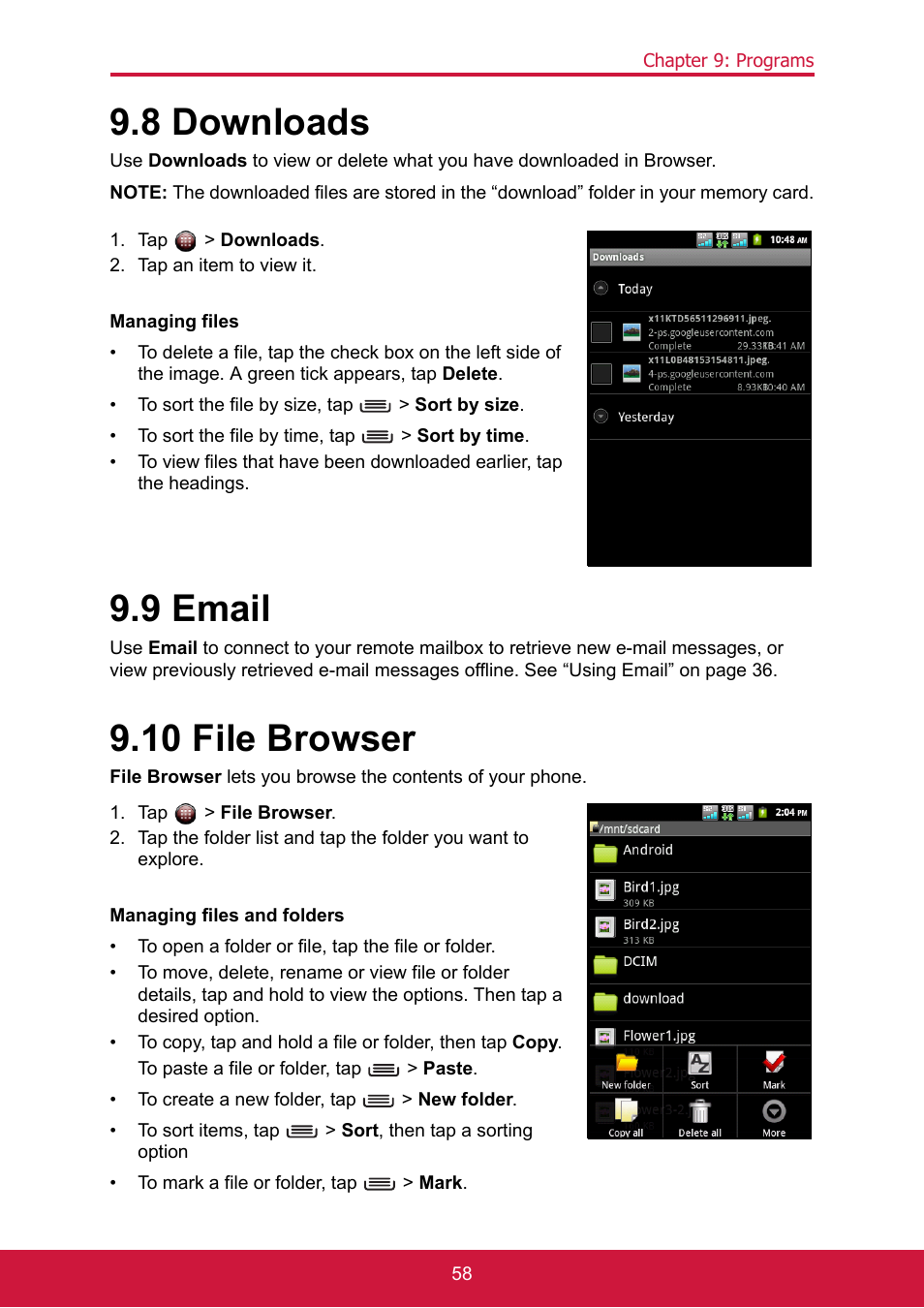 8 downloads, Tap > downloads, Tap an item to view it | Managing files, 9 email, 10 file browser, Tap > file browser, 8 downloads 9.9 email 9.10 file browser | ShelterLogic ViewPhone 3 VS14032 User Manual | Page 73 / 98