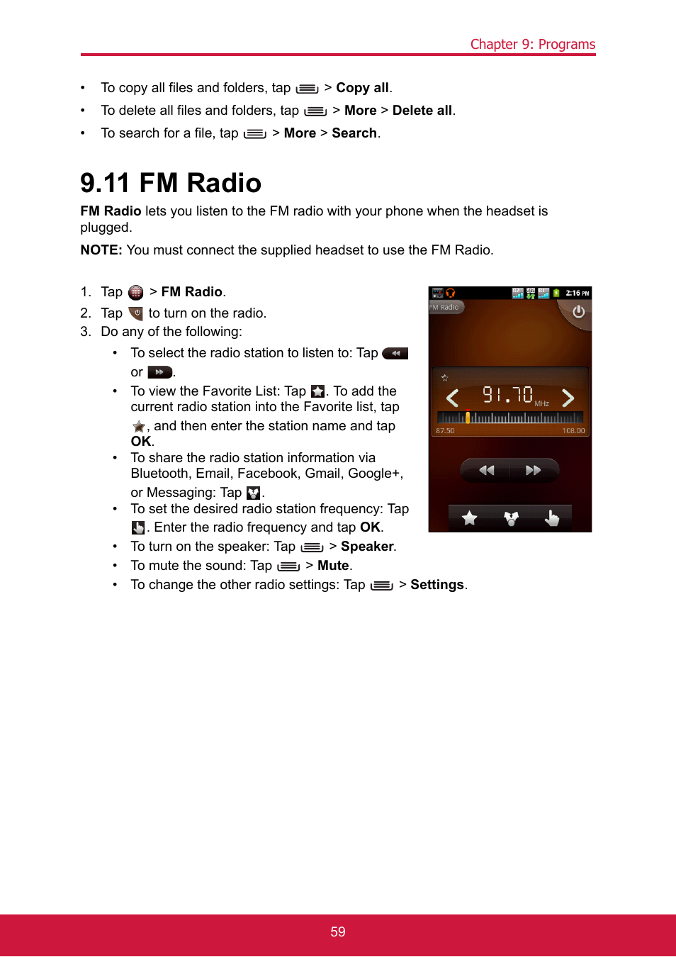 11 fm radio, Tap > fm radio, Tap to turn on the radio | Do any of the following | ShelterLogic ViewPhone 3 VS14032 User Manual | Page 74 / 98