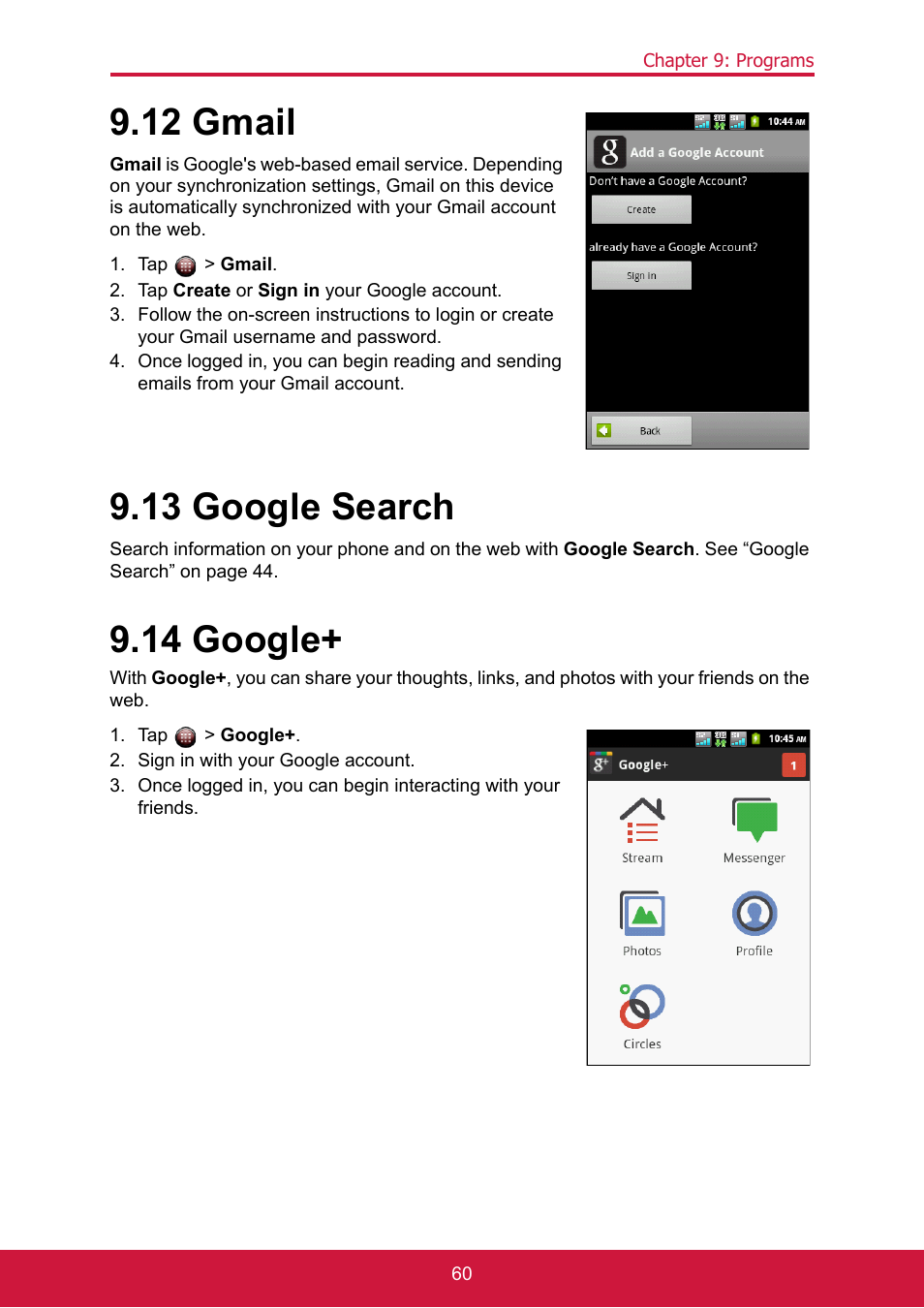 12 gmail, Tap > gmail, Tap create or sign in your google account | 13 google search, 14 google, Tap > google, Sign in with your google account, 12 gmail 9.13 google search 9.14 google | ShelterLogic ViewPhone 3 VS14032 User Manual | Page 75 / 98