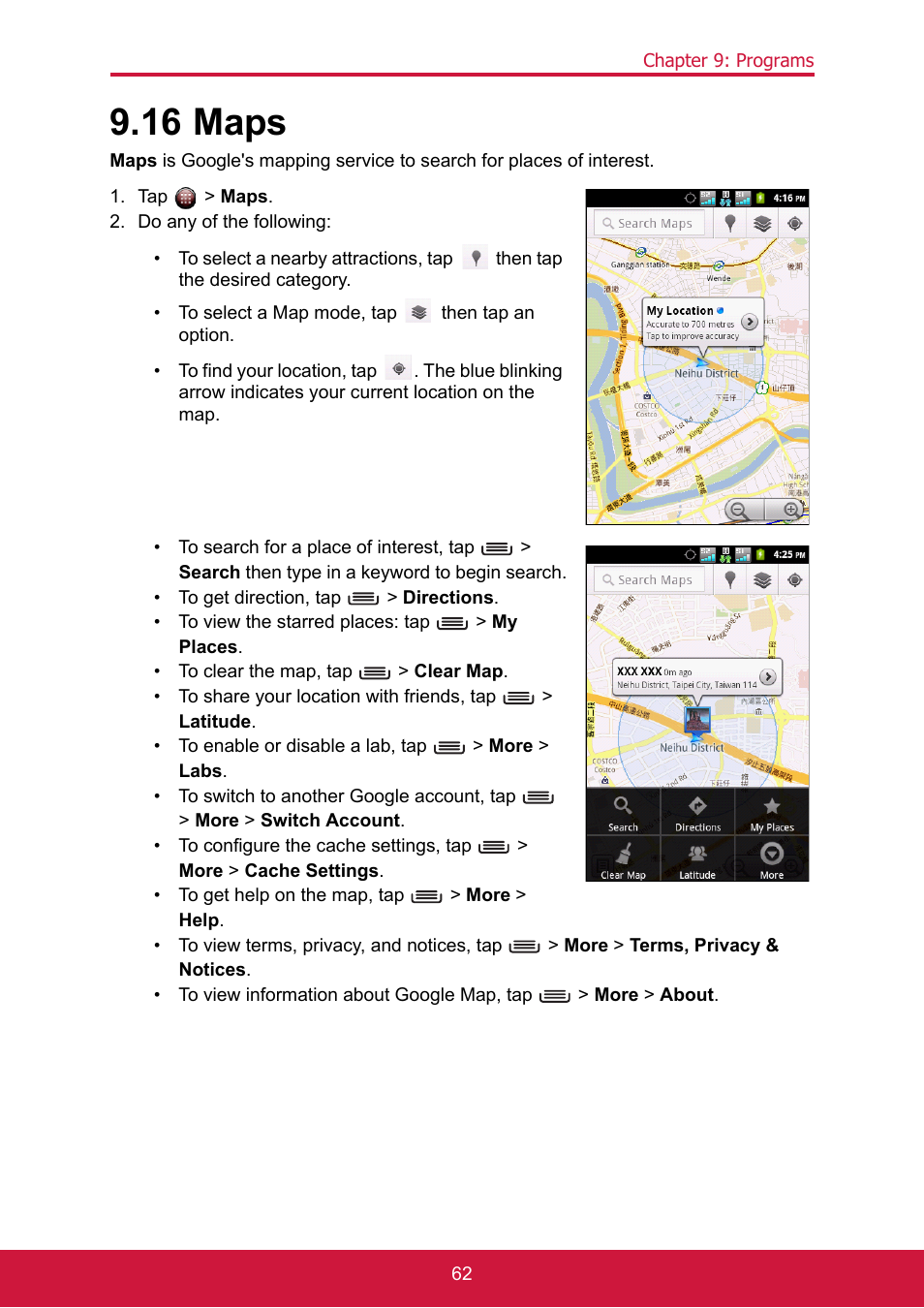 16 maps, Tap > maps, Do any of the following | ShelterLogic ViewPhone 3 VS14032 User Manual | Page 77 / 98