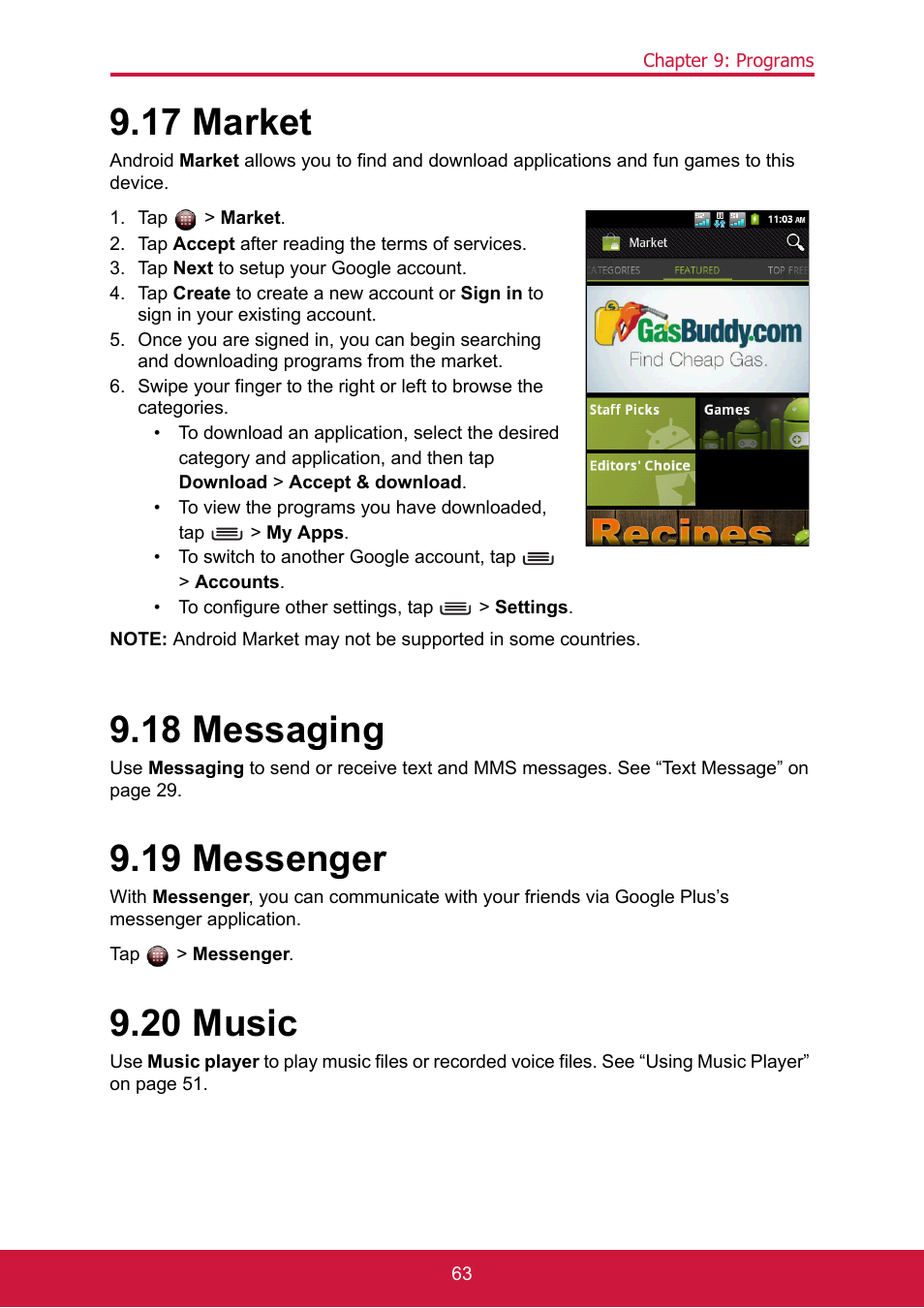 17 market, Tap > market, Tap accept after reading the terms of services | Tap next to setup your google account, 18 messaging, 19 messenger, 20 music, 17 market 9.18 messaging 9.19 messenger 9.20 music | ShelterLogic ViewPhone 3 VS14032 User Manual | Page 78 / 98