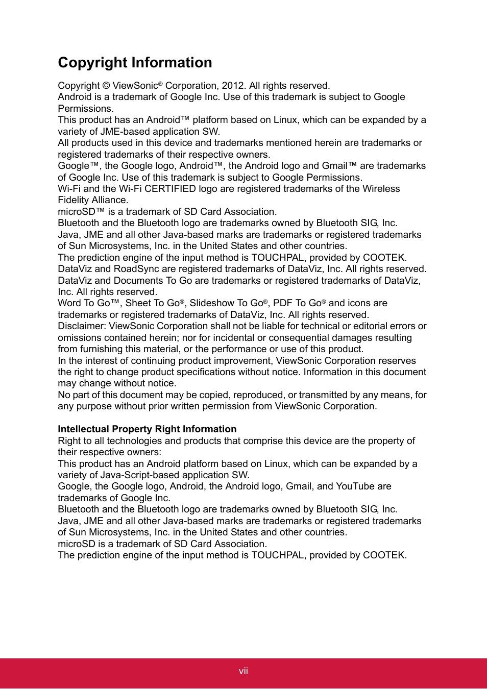 Copyright information, Microsd™ is a trademark of sd card association, Microsd is a trademark of sd card association | ShelterLogic ViewPhone 3 VS14032 User Manual | Page 8 / 98