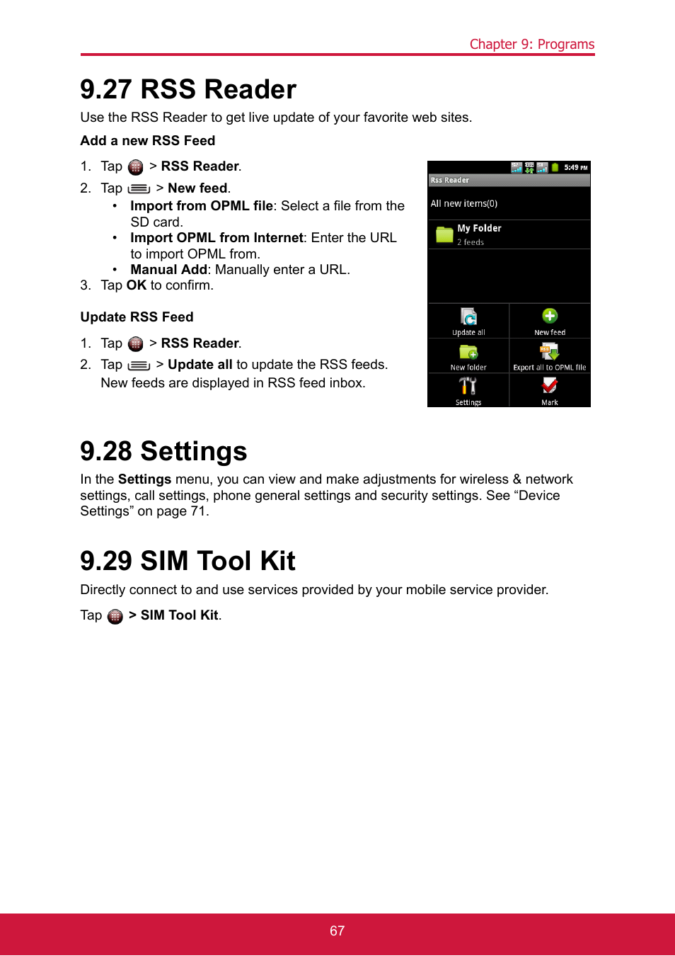 27 rss reader, Add a new rss feed, Tap > rss reader | Tap > new feed, Tap ok to confirm, Tap > update all to update the rss feeds, New feeds are displayed in rss feed inbox, 28 settings, 29 sim tool kit, Tap > sim tool kit | ShelterLogic ViewPhone 3 VS14032 User Manual | Page 82 / 98