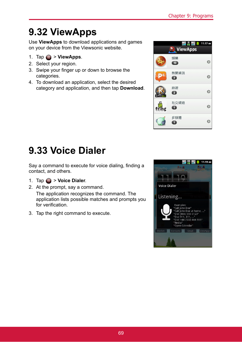 32 viewapps, Tap > viewapps, Select your region | 33 voice dialer, Tap > voice dialer, At the prompt, say a command, Tap the right command to execute, 33 viewapps 9.34 voice dialer | ShelterLogic ViewPhone 3 VS14032 User Manual | Page 84 / 98