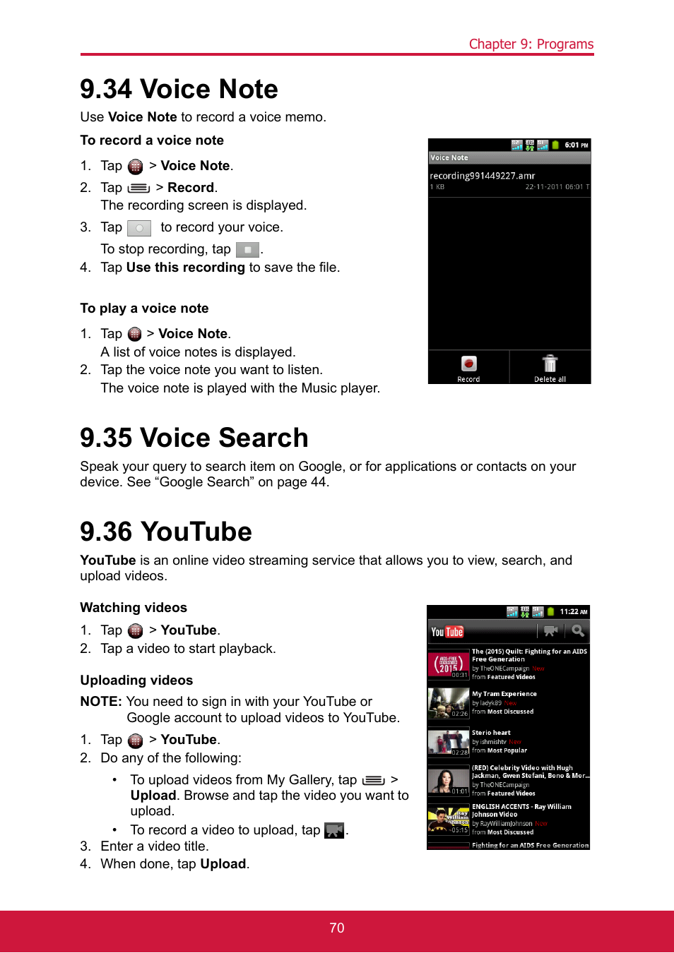 34 voice note, To record a voice note, Tap > voice note | Tap > record, The recording screen is displayed, Tap to record your voice, To stop recording, tap, Tap use this recording to save the file, To play a voice note, A list of voice notes is displayed | ShelterLogic ViewPhone 3 VS14032 User Manual | Page 85 / 98
