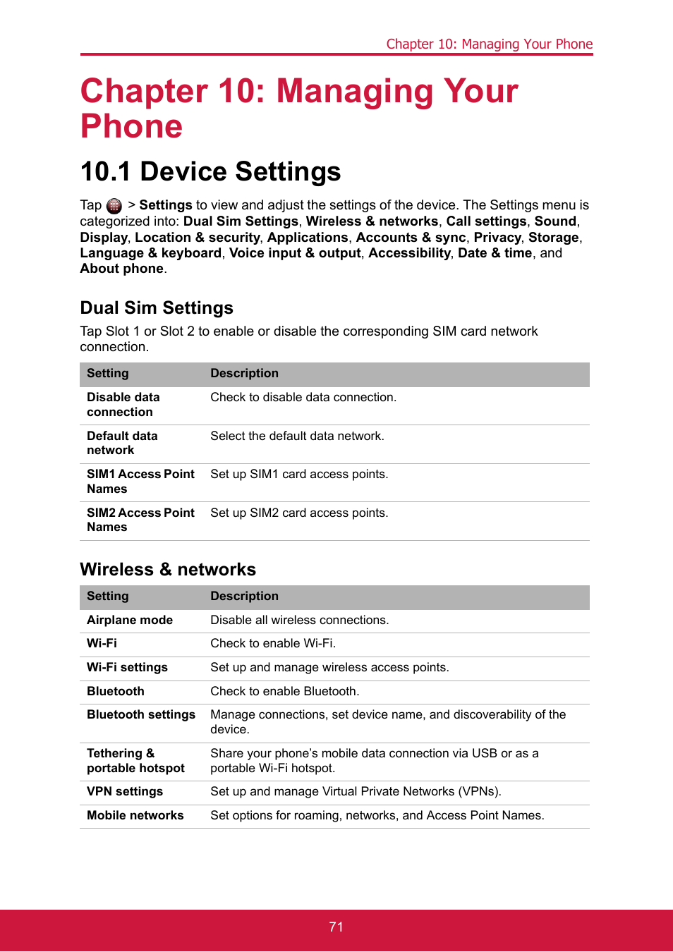 Chapter 10: managing your phone, 1 device settings, Dual sim settings | Wireless & networks, Dual sim settings wireless & networks | ShelterLogic ViewPhone 3 VS14032 User Manual | Page 86 / 98