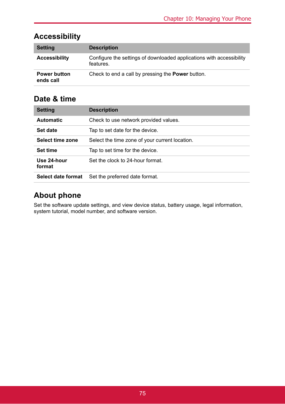 Accessibility, Date & time, About phone | Accessibility date & time about phone | ShelterLogic ViewPhone 3 VS14032 User Manual | Page 90 / 98