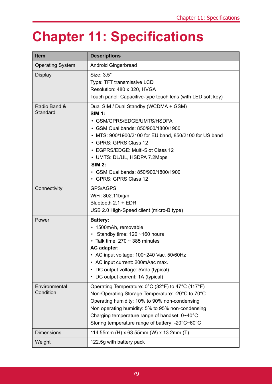 Chapter 11: specifications, Operating system, Android gingerbread | Display, Size: 3.5, Type: tft transmissive lcd, Resolution: 480 x 320, hvga, Radio band & standard, Dual sim / dual standby (wcdma + gsm), Sim 1 | ShelterLogic ViewPhone 3 VS14032 User Manual | Page 94 / 98