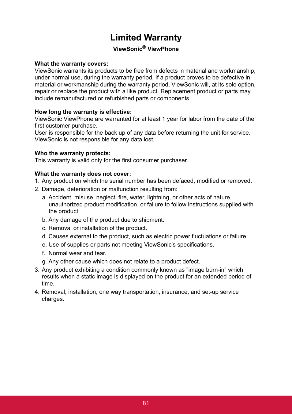 Limited warranty, B. any damage of the product due to shipment, C. removal or installation of the product | F. normal wear and tear | ShelterLogic ViewPhone 3 VS14032 User Manual | Page 96 / 98